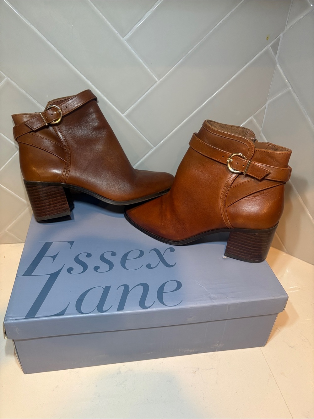 Essex Lane Cognac Leather Ankle Booties with Buckle